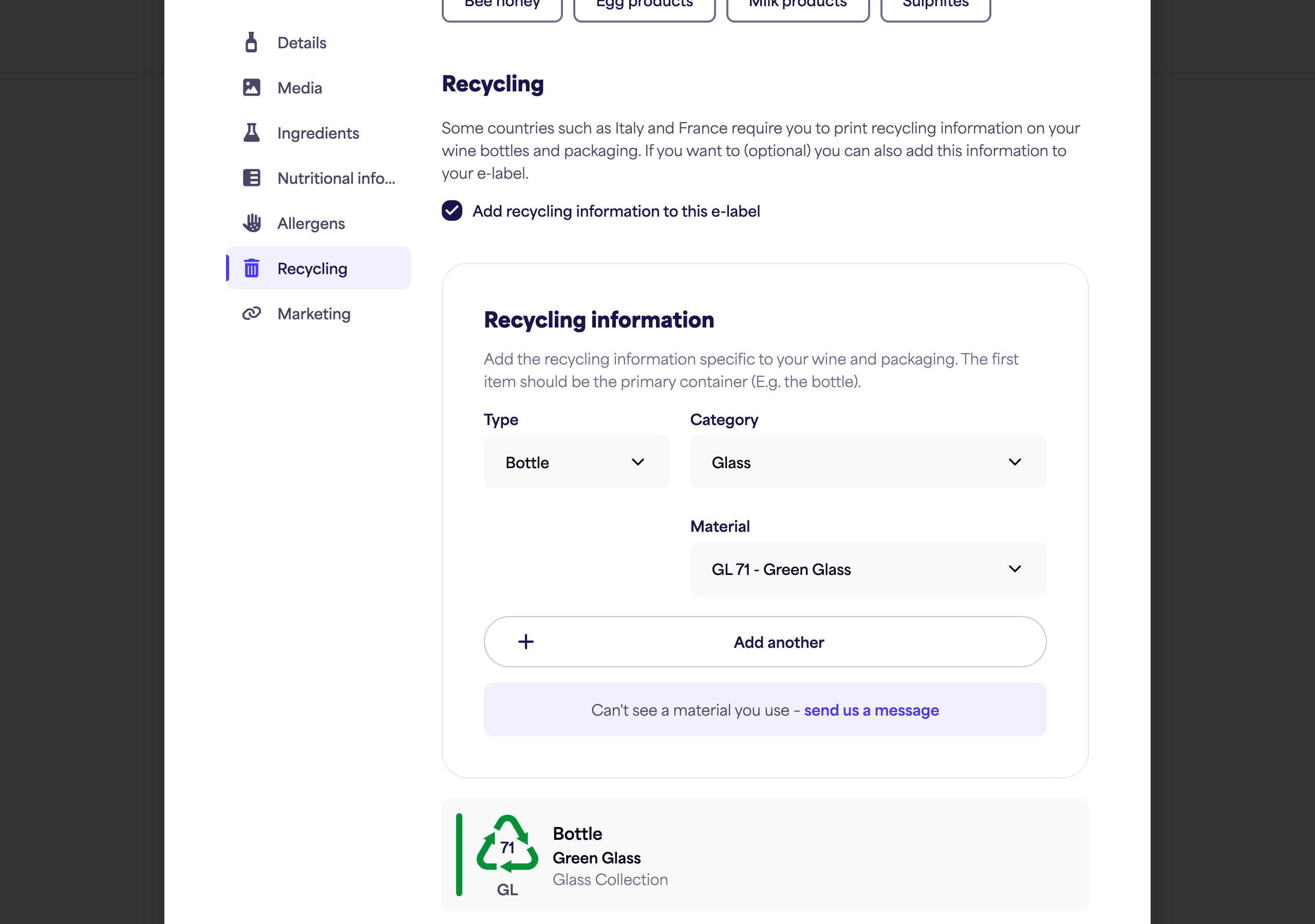 Přepínač a vysvětlení sekce Recyklace