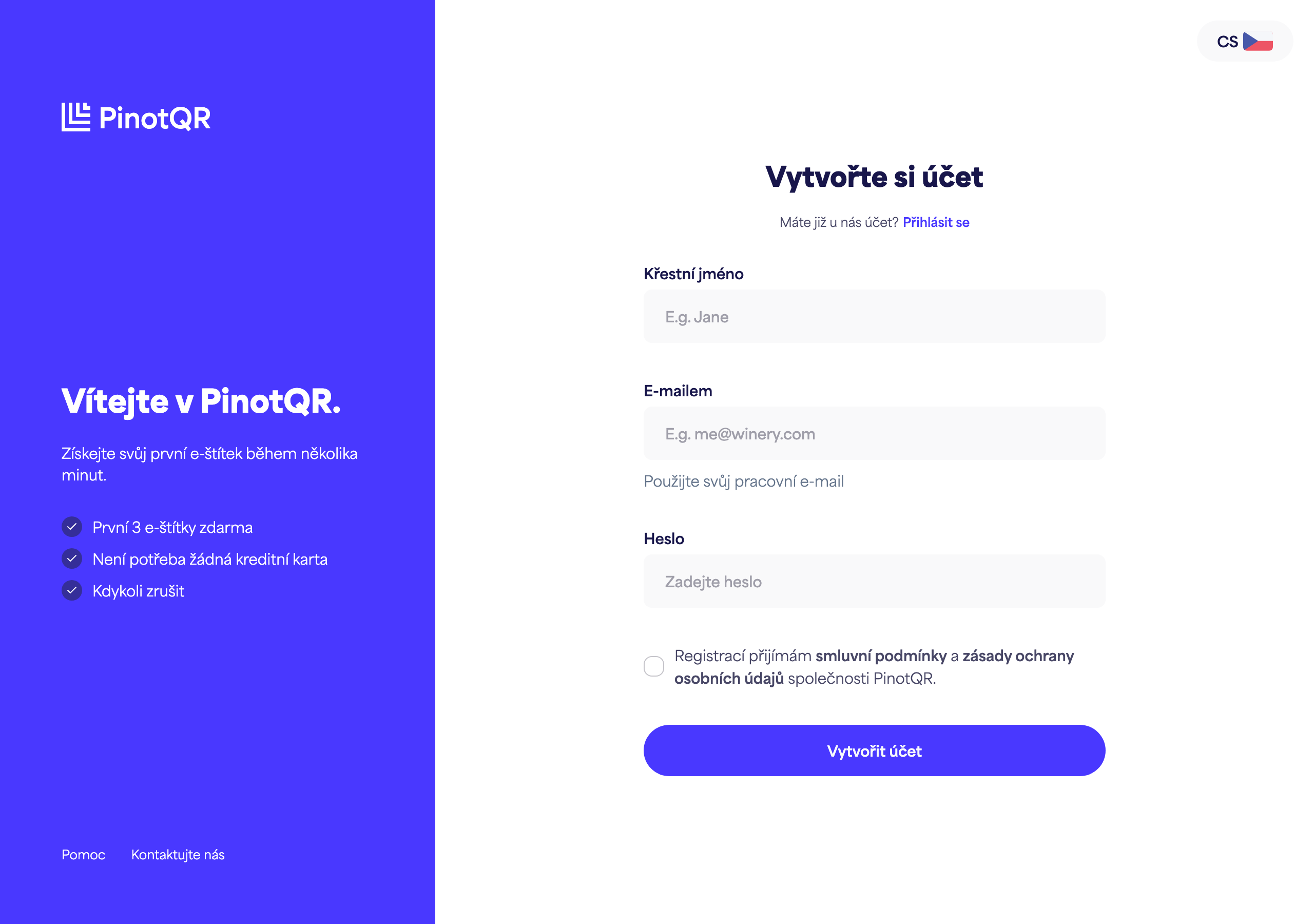 Registrační formulář s poli Jméno, E-mail, Heslo a tlačítkem „Vytvořit účet“