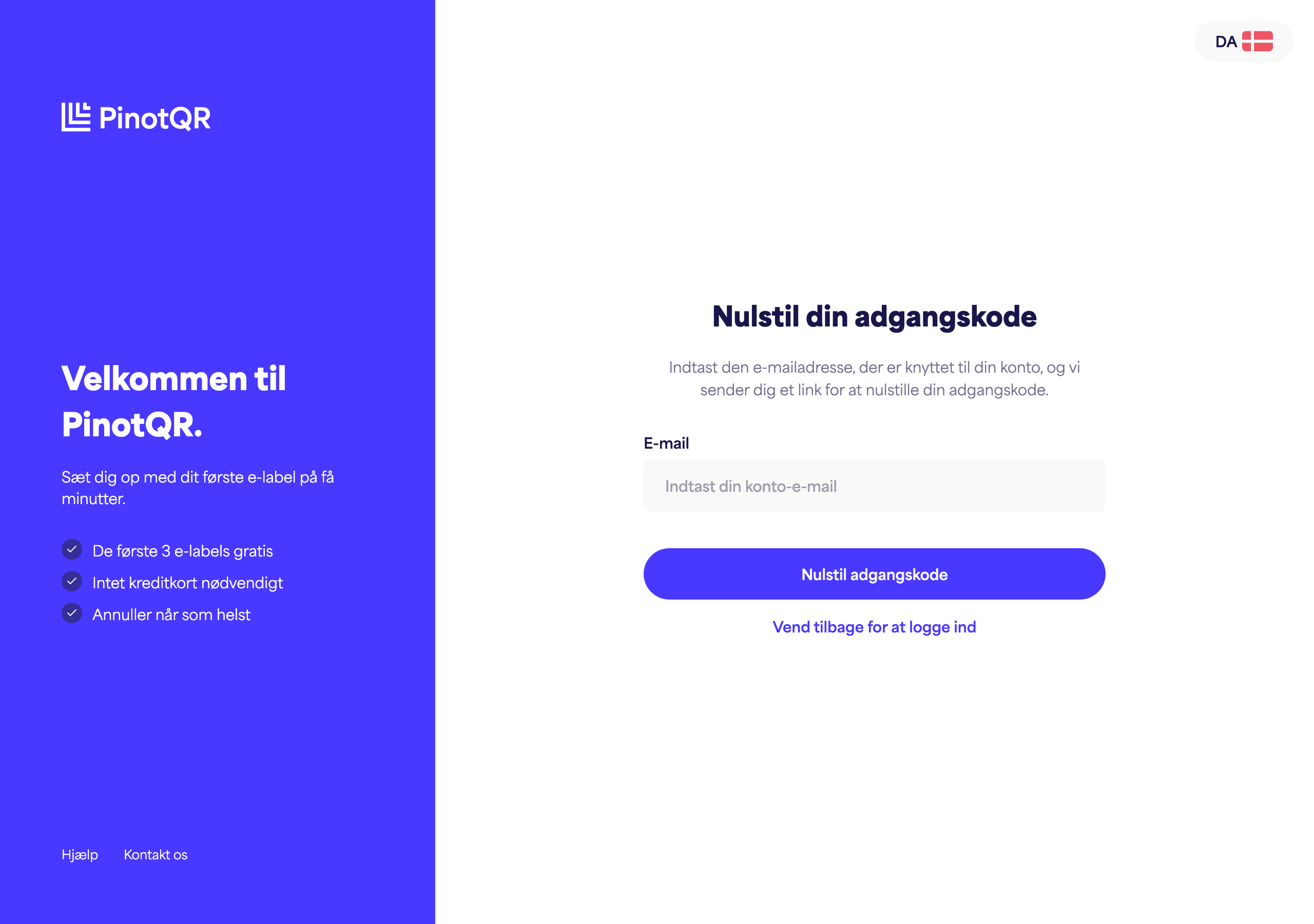 Skærmbilledet "Nulstil din adgangskode", hvor du indtaster din e-mail