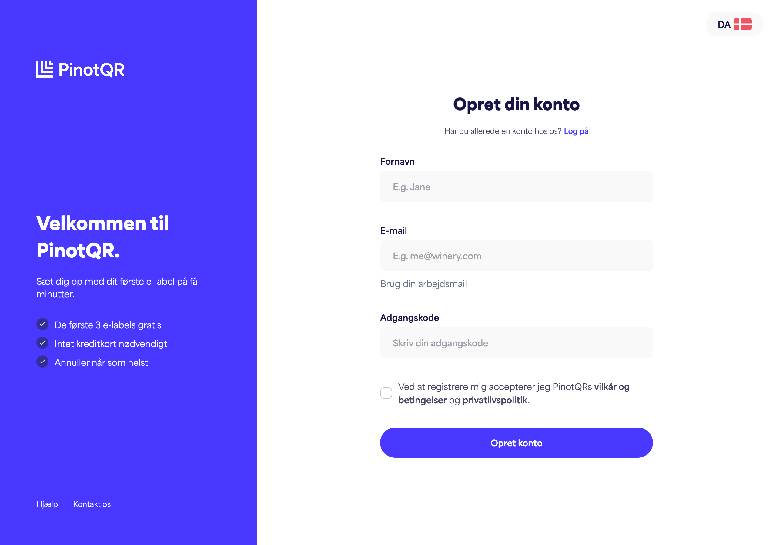 Tilmeldingformularen med felterne Fornavn, E-mail, Kodeord og knappen "Opret konto"