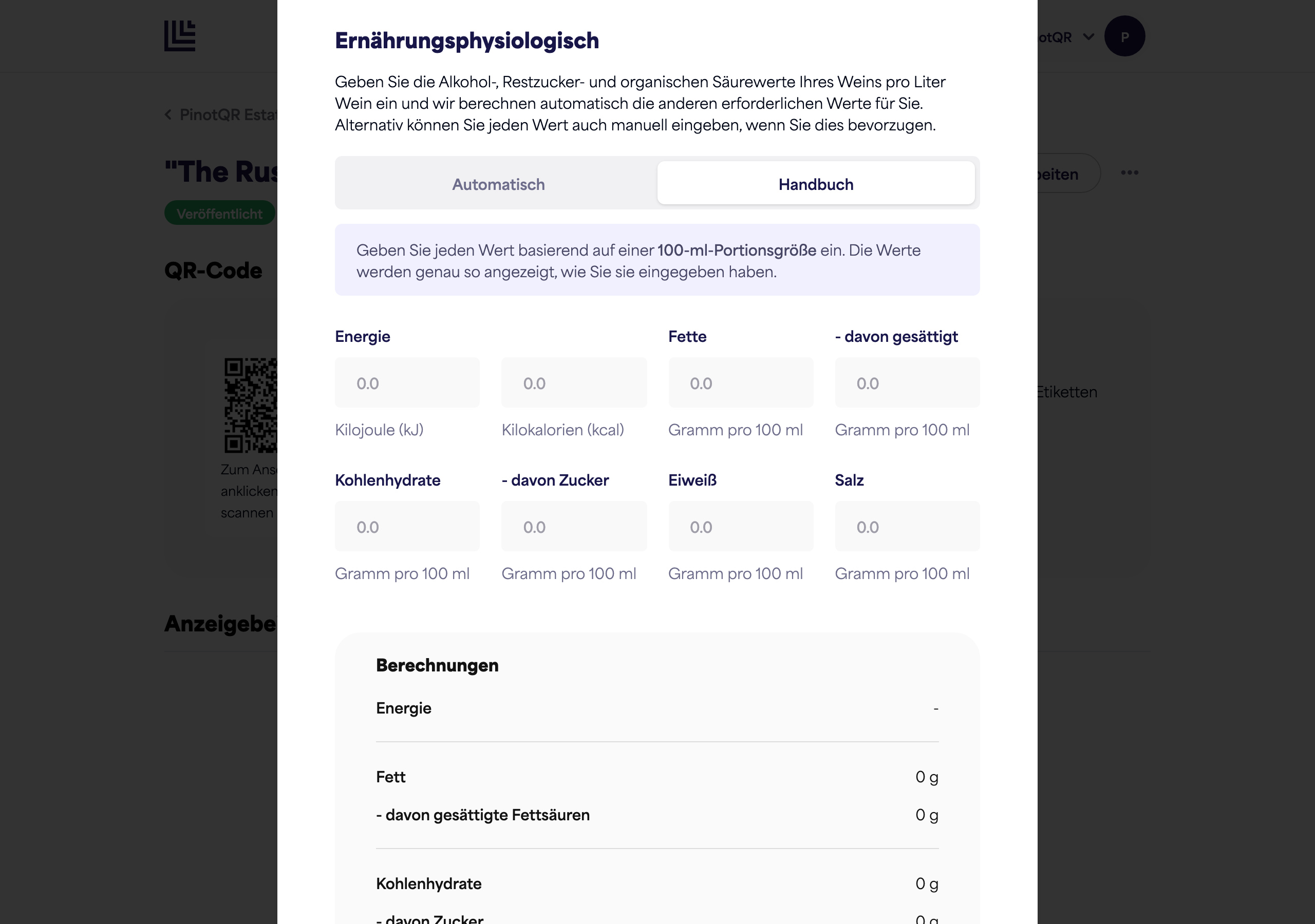 Der Abschnitt Nährwerte im manuellen Modus mit dem vollständigen Satz an Feldern