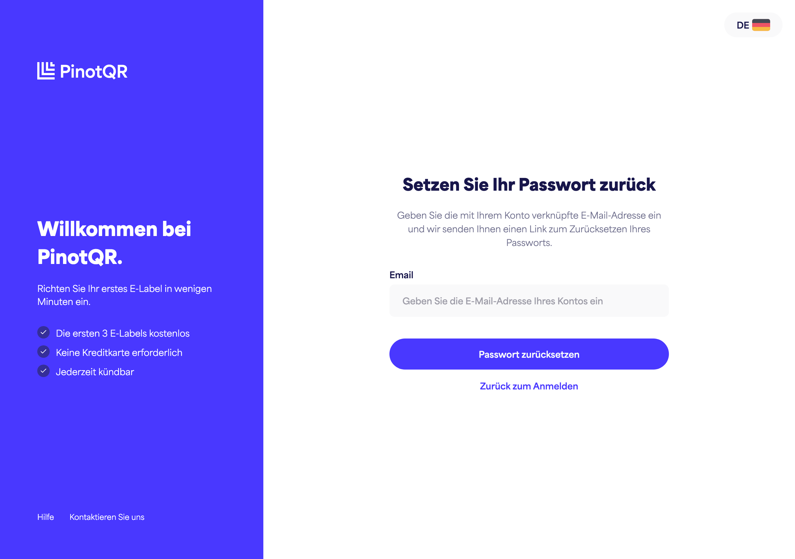 Der Bildschirm "Setzen Sie Ihr Passwort zurück", wo Sie Ihre E-Mail-Adresse eingeben
