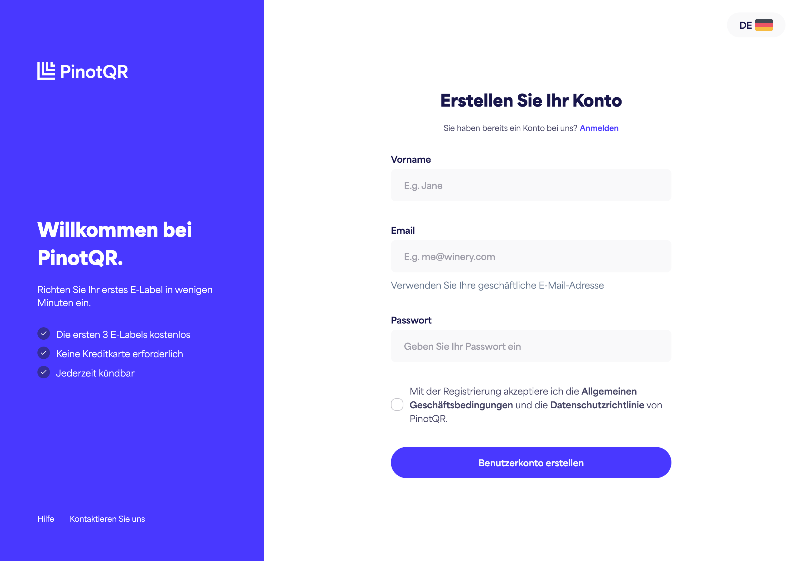 Das Registrierungsformular mit den Feldern Vorname, E-Mail, Passwort und dem Button „Konto erstellen“