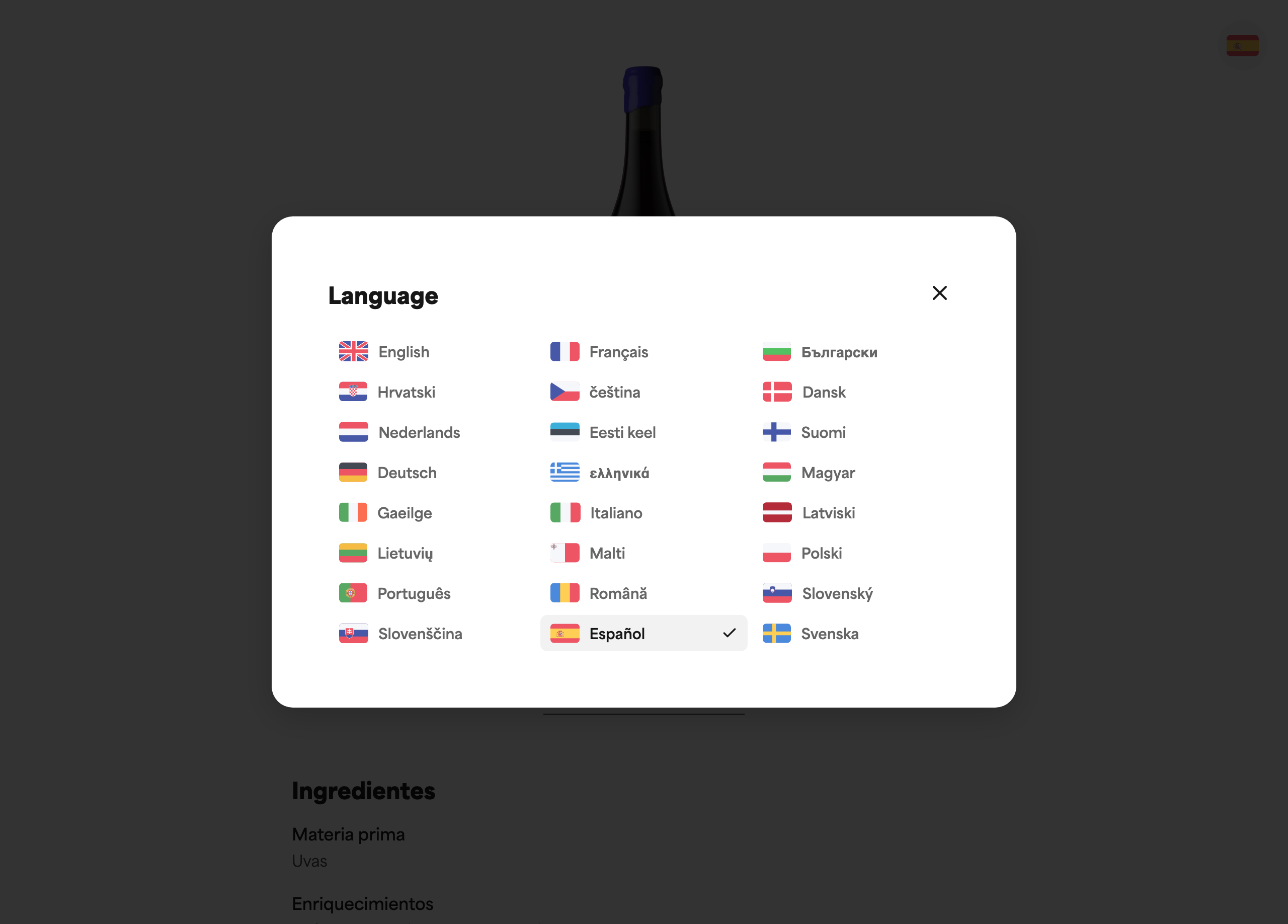 El selector de idioma en una etiqueta electrónica pública, abierto, mostrando la lista de idiomas