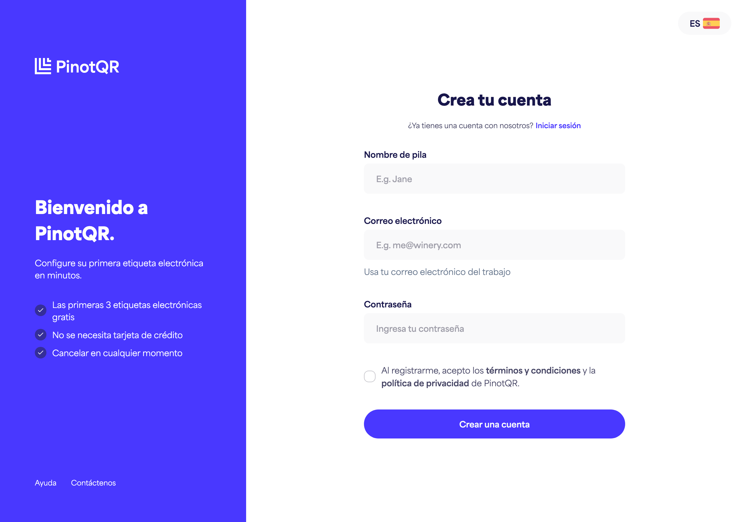 El formulario de registro con los campos Nombre, Correo electrónico, Contraseña y el botón "Crear cuenta"