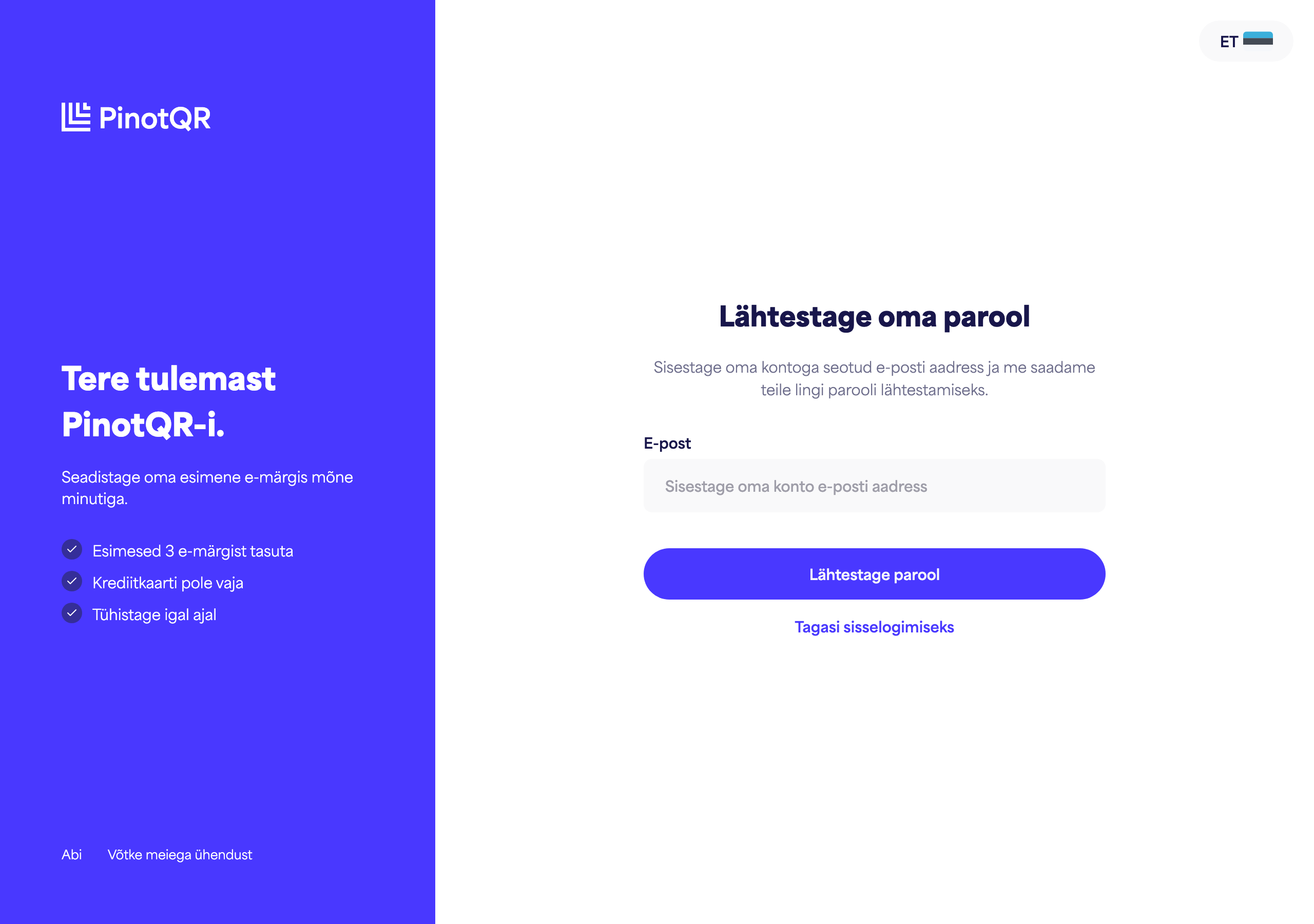 "Lähtesta oma parool" ekraan, kus sisestad oma e-posti aadressi