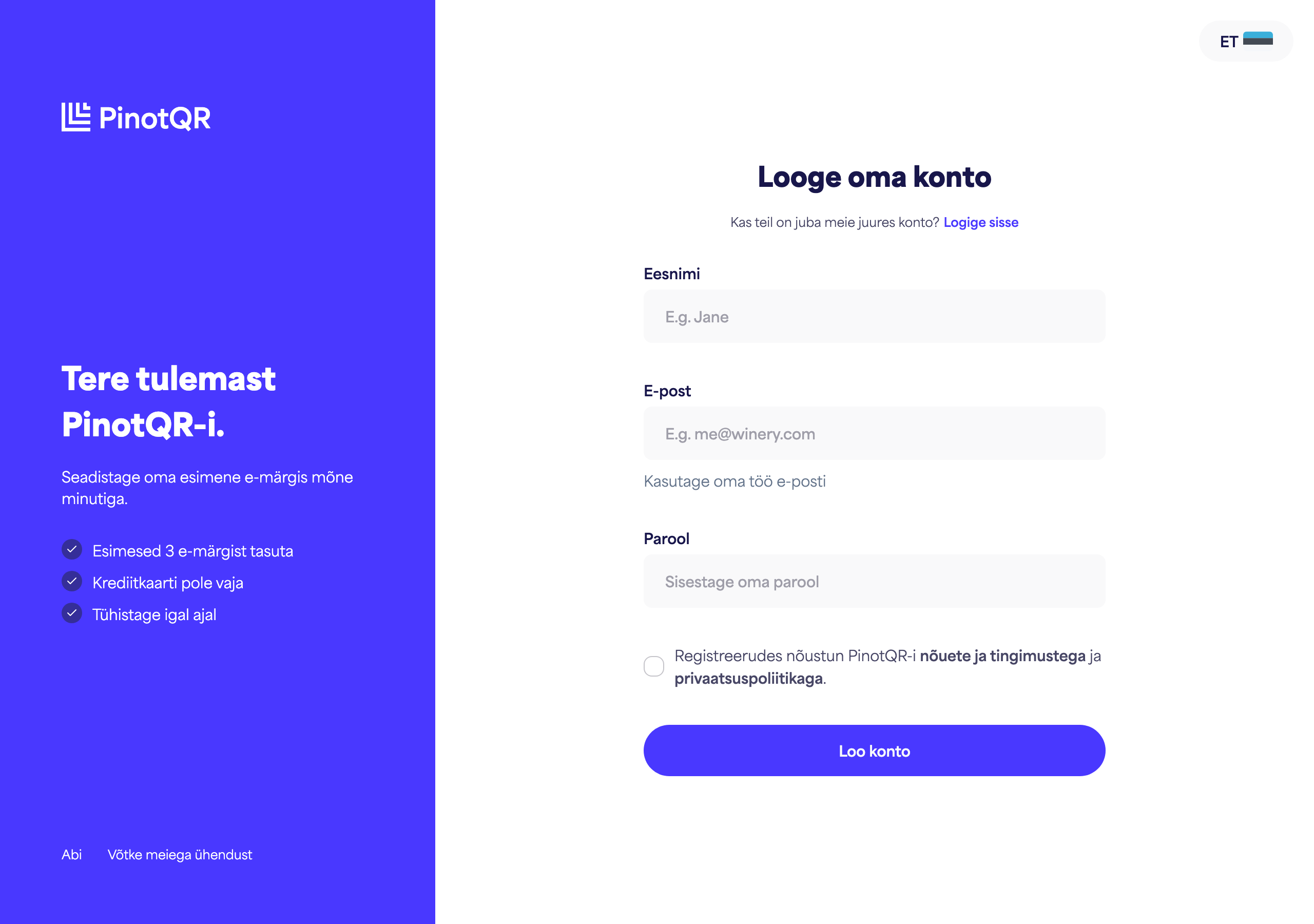 Registreerimisvorm eesnime, e-posti, parooli väljade ja nupuga "Loo konto"