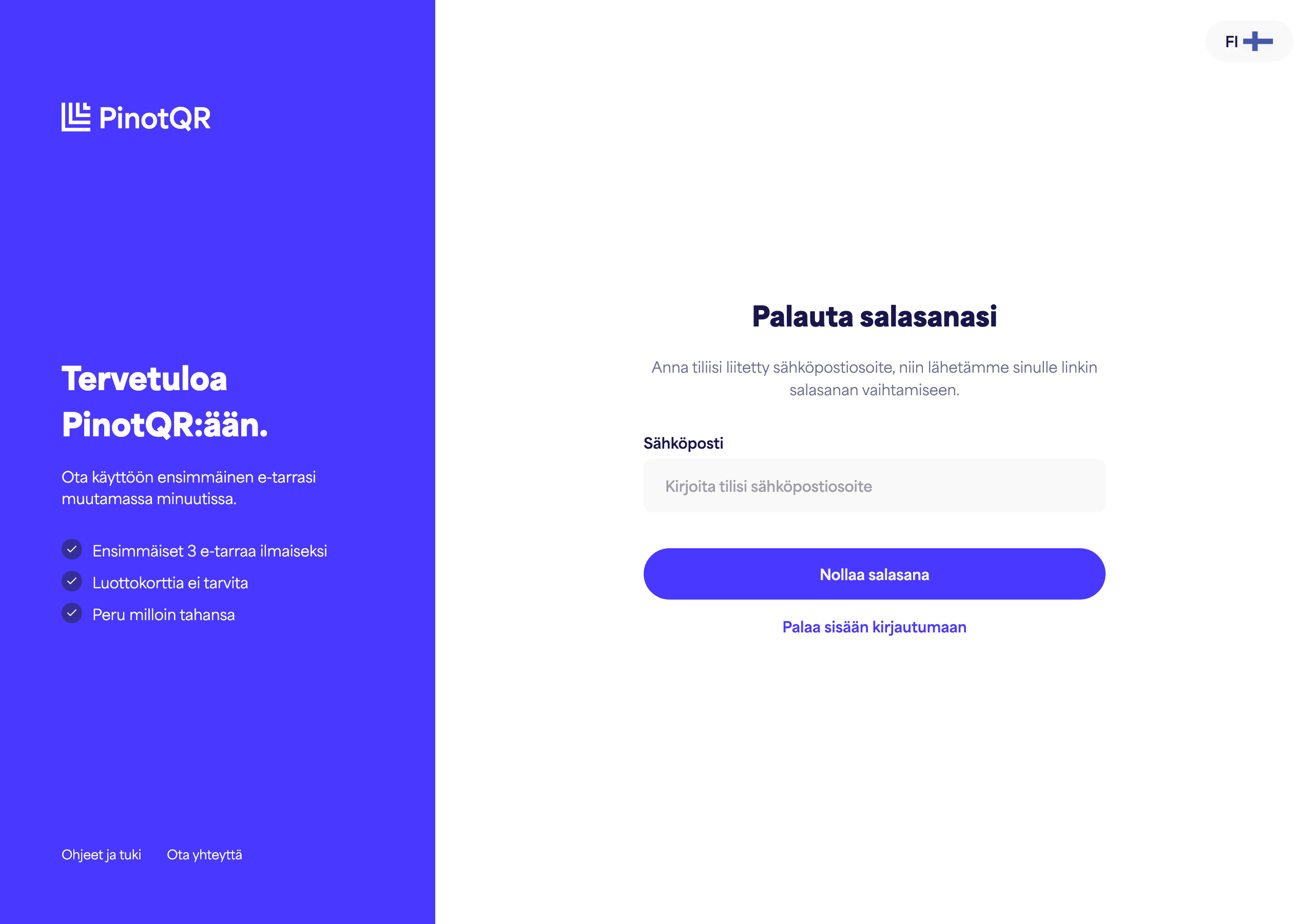 Salasanan palautusnäyttö, jossa syötät sähköpostiosoitteesi