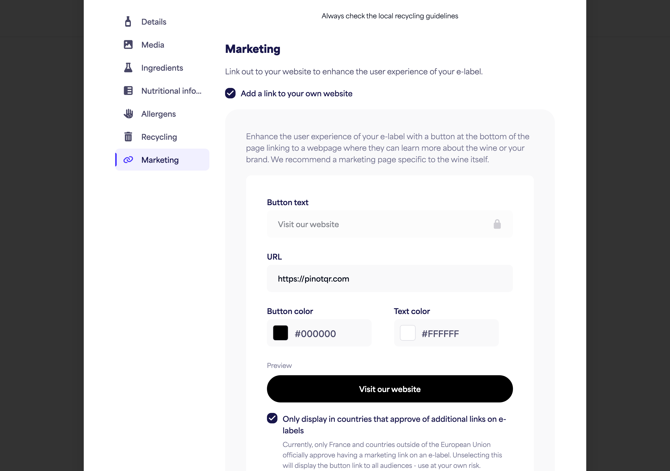La section Marketing avec le bouton à bascule, le texte du bouton, l'URL et les sélecteurs de couleur ainsi que l'aperçu en direct du bouton