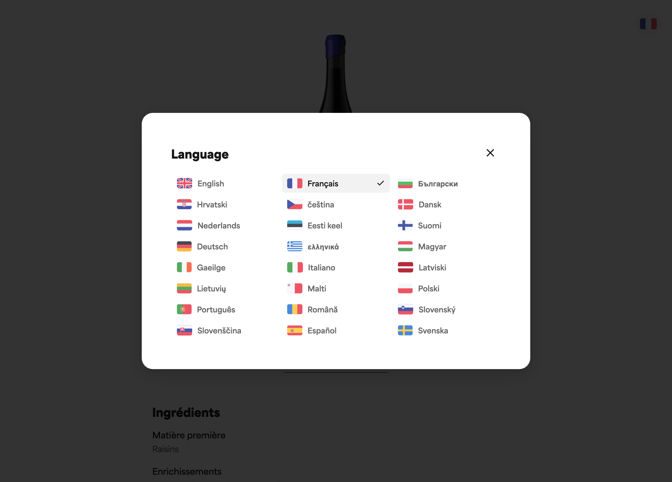 Le sélecteur de langue sur une e-étiquette publique, ouvert, affichant la liste des langues