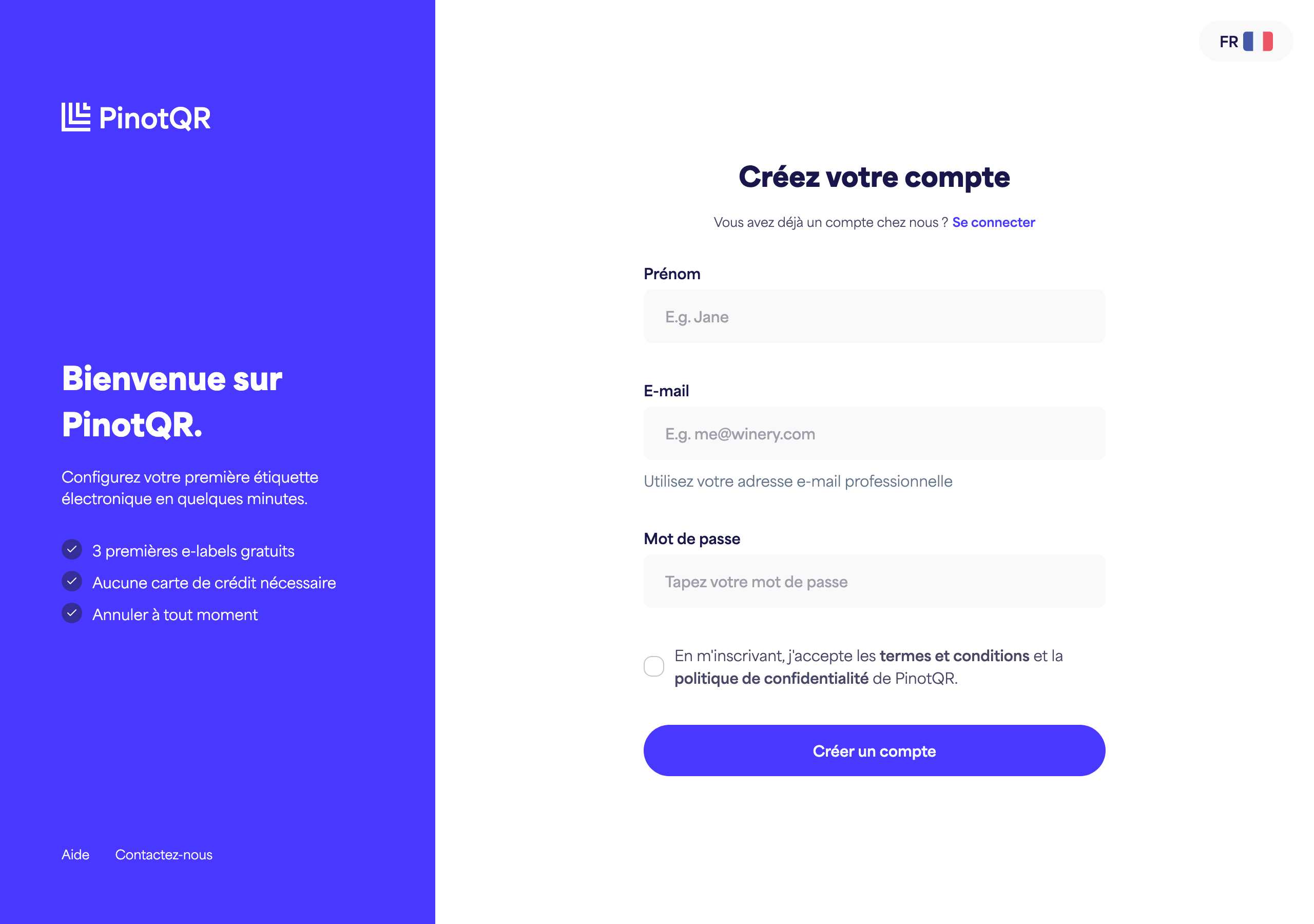 Le formulaire d'inscription avec les champs Prénom, E-mail, Mot de passe et le bouton "Créer un compte"