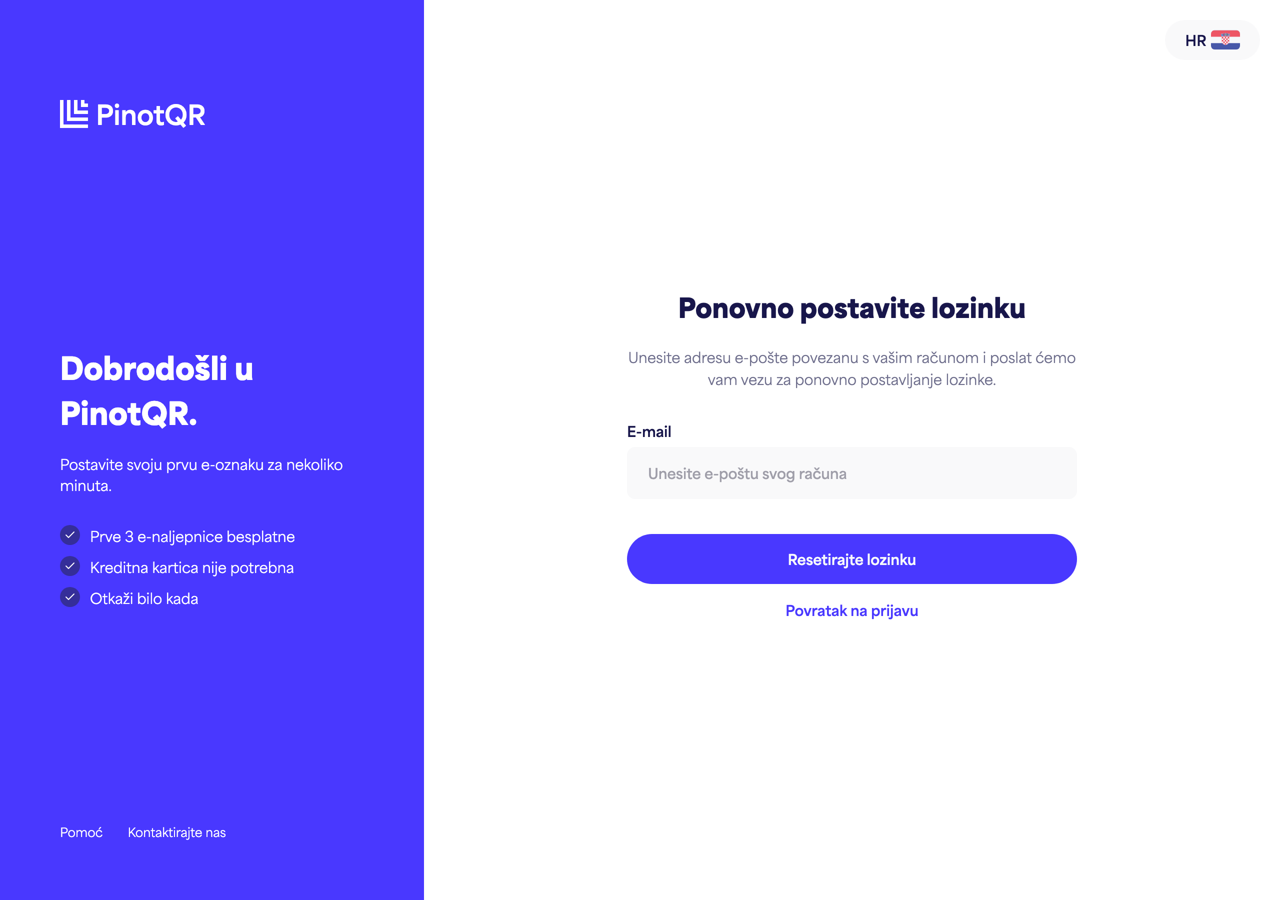 Zaslon "Ponovno postavite lozinku" gdje unosite svoju e-poštu