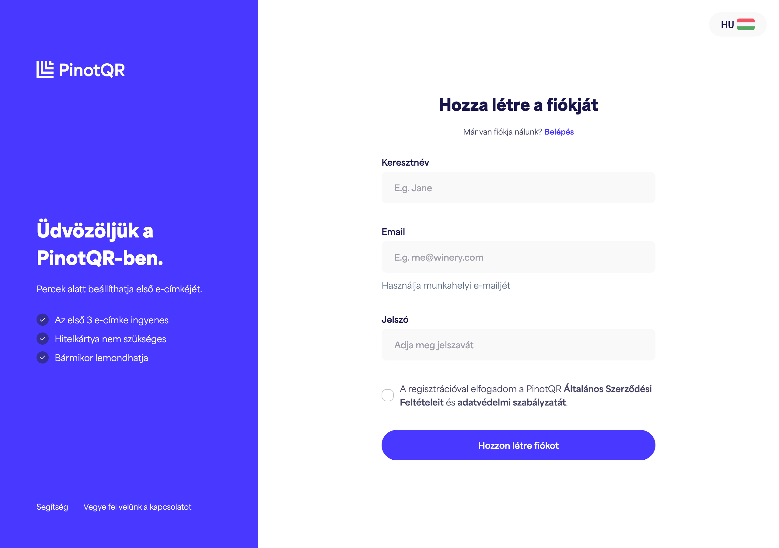 A regisztrációs űrlap Keresztnév, E-mail, Jelszó mezőkkel és a „Fiók létrehozása” gombbal