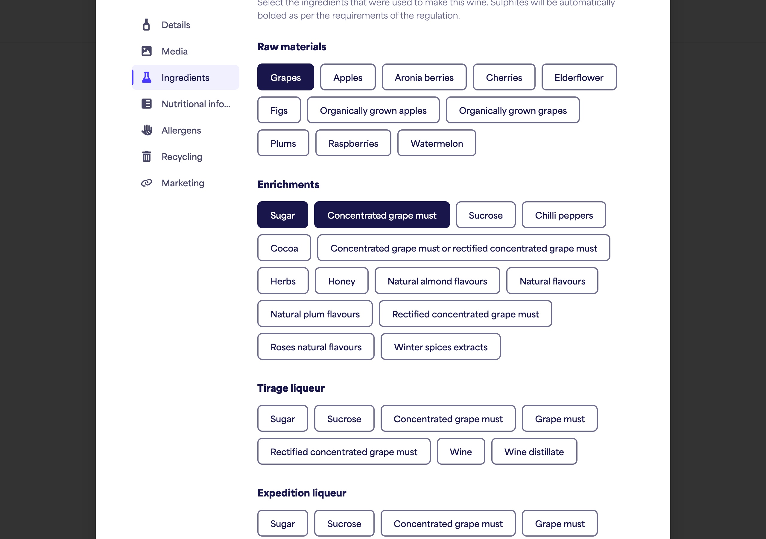 La sezione Ingredienti con diverse categorie e ingredienti selezionati