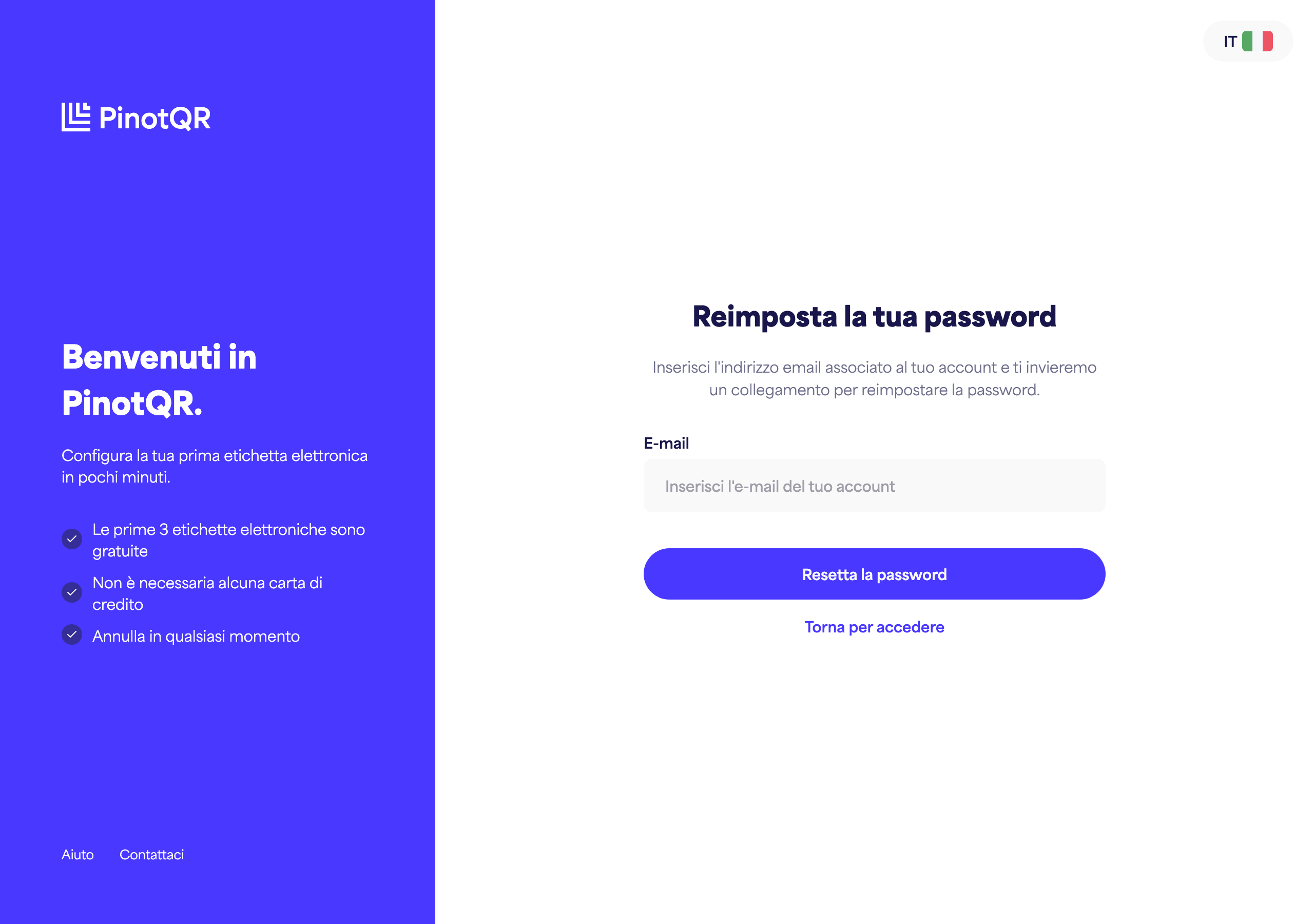 La schermata "Reimposta la tua password" dove inserisci la tua email