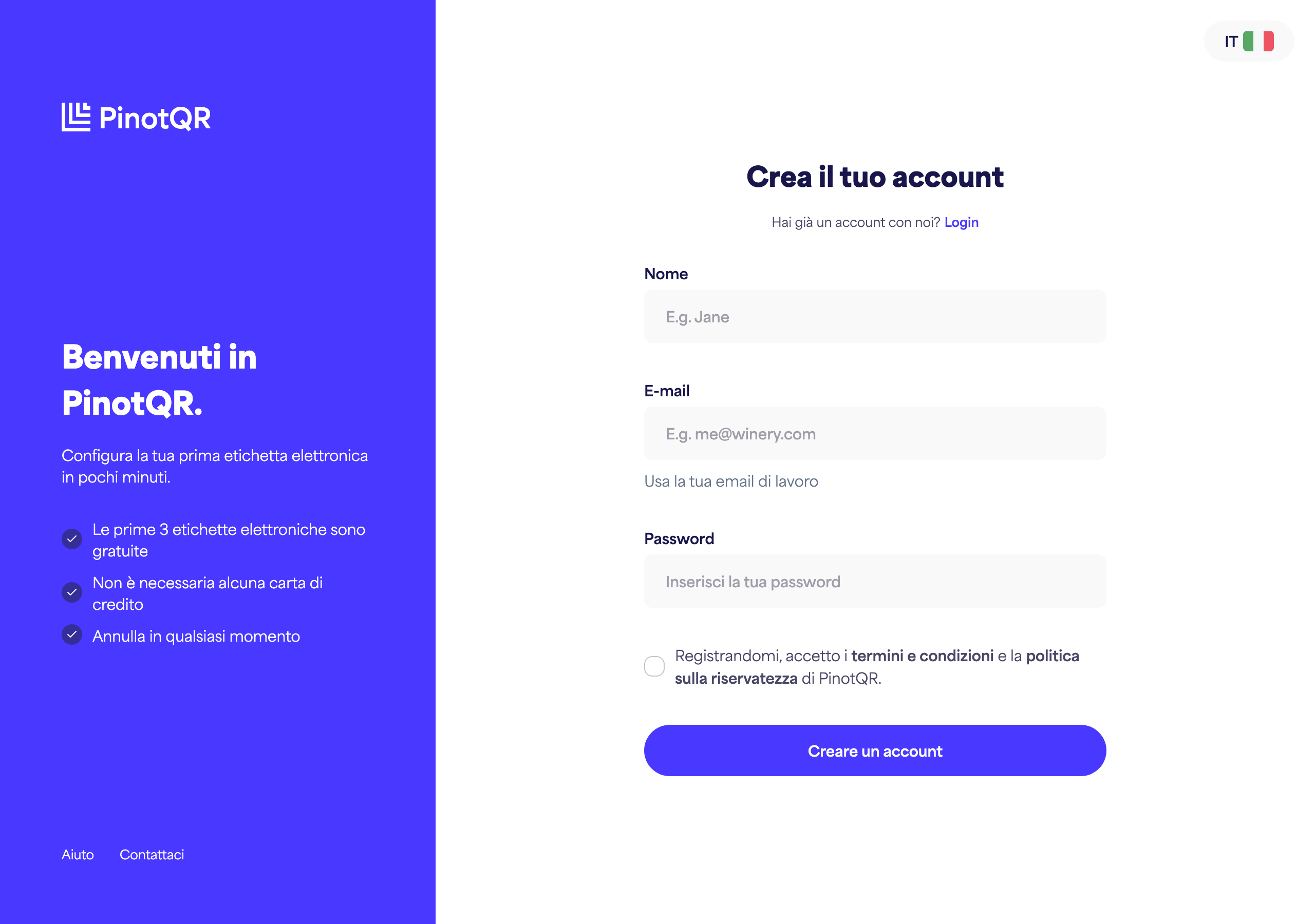 Il modulo di registrazione con i campi Nome, Email, Password e il pulsante "Crea account"