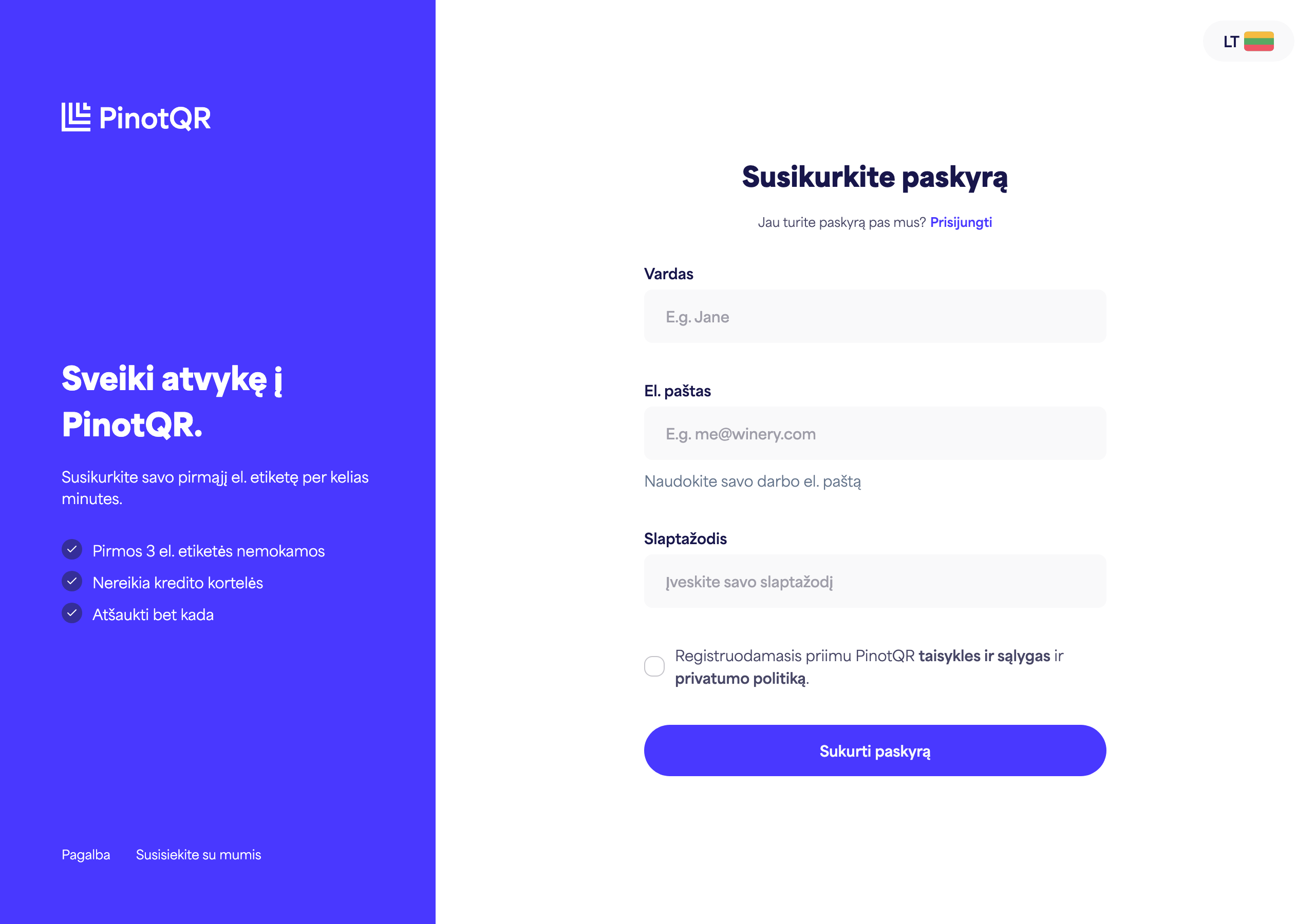 Registracijos forma su vardo, el. pašto, slaptažodžio laukeliais ir mygtuku „Sukurti paskyrą“
