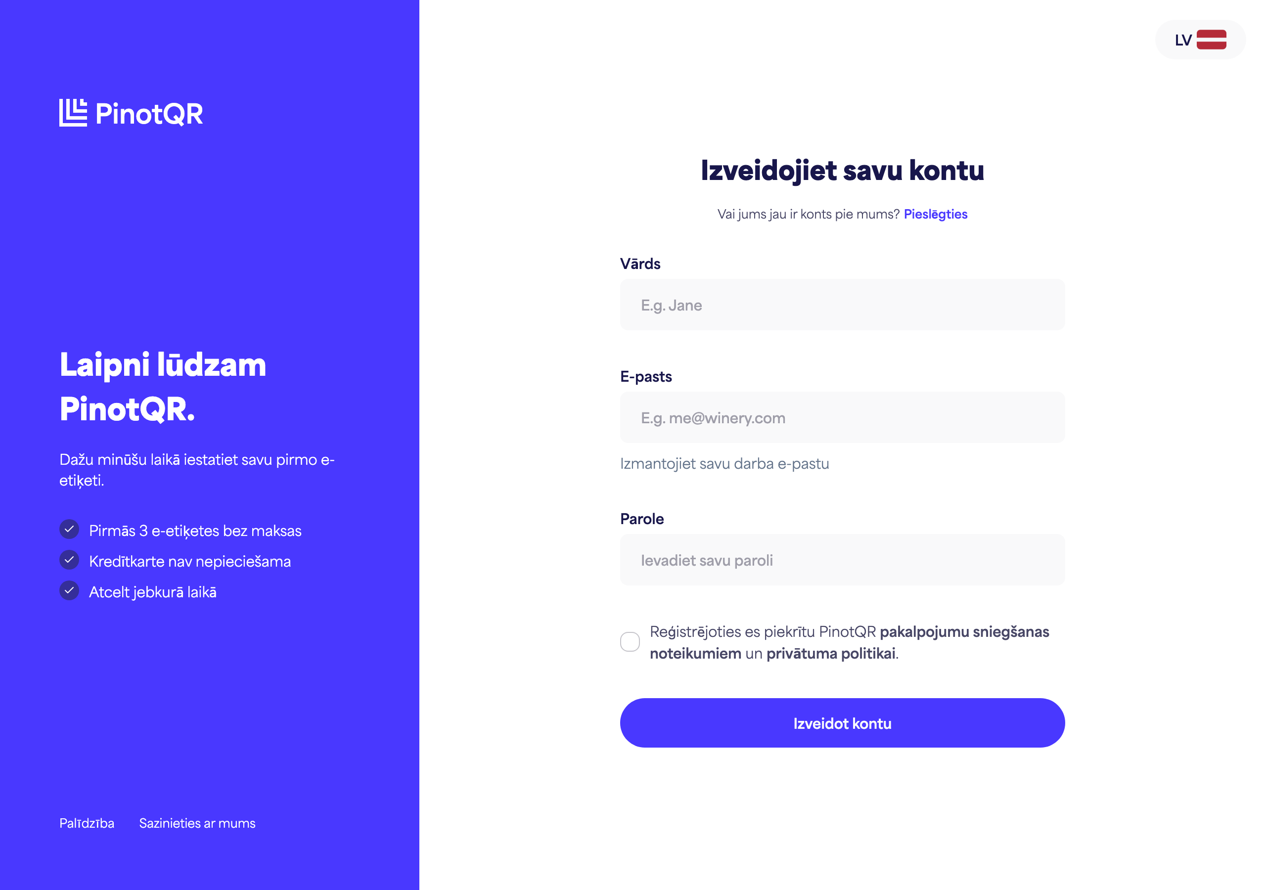 Reģistrācijas veidlapa ar vārda, e-pasta, paroles laukiem un pogu "Izveidot kontu"