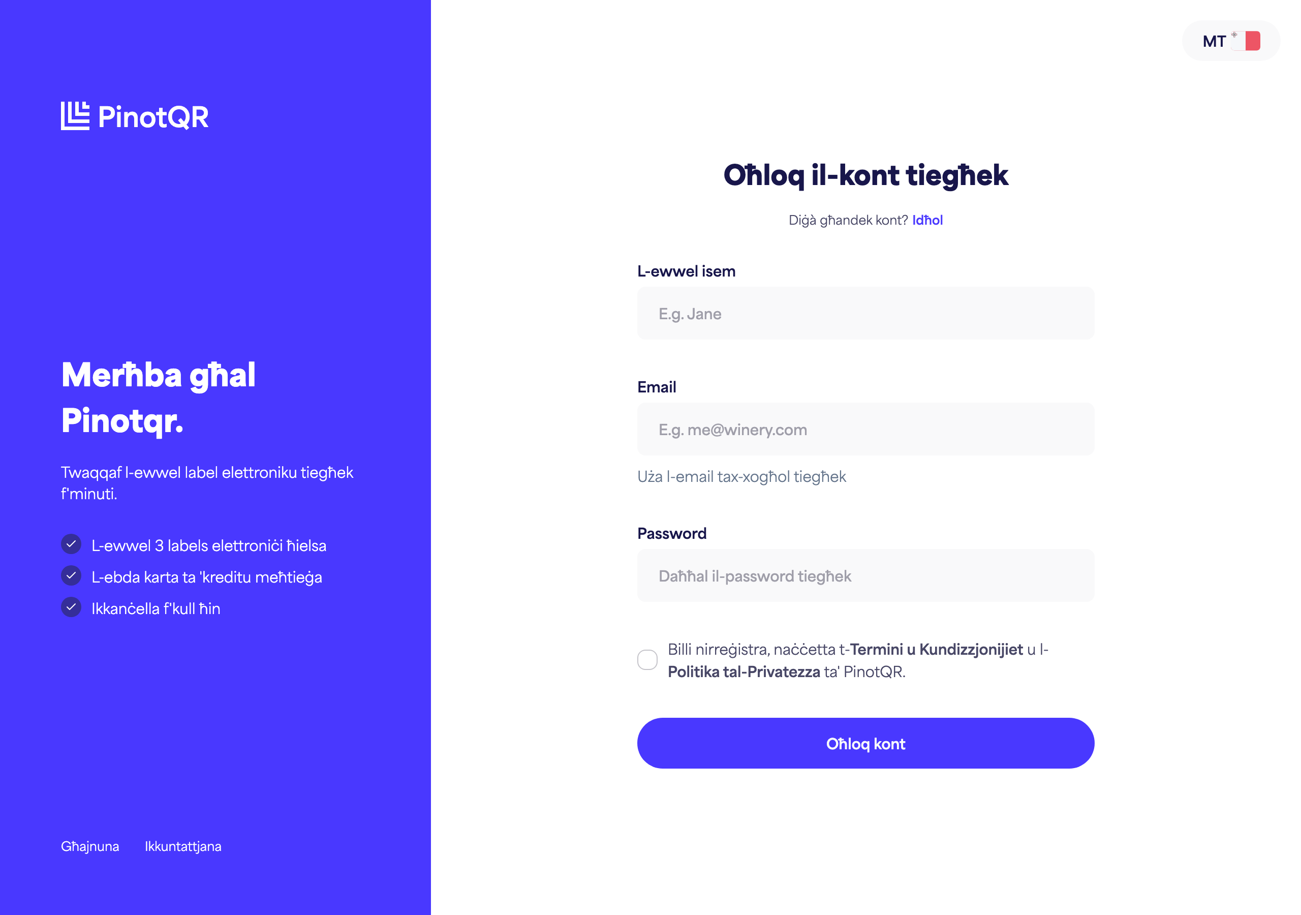Il-formola tar-reġistrazzjoni bl-oqsma tal-Isem, Email, Password u l-buttuna "Oħloq kont"