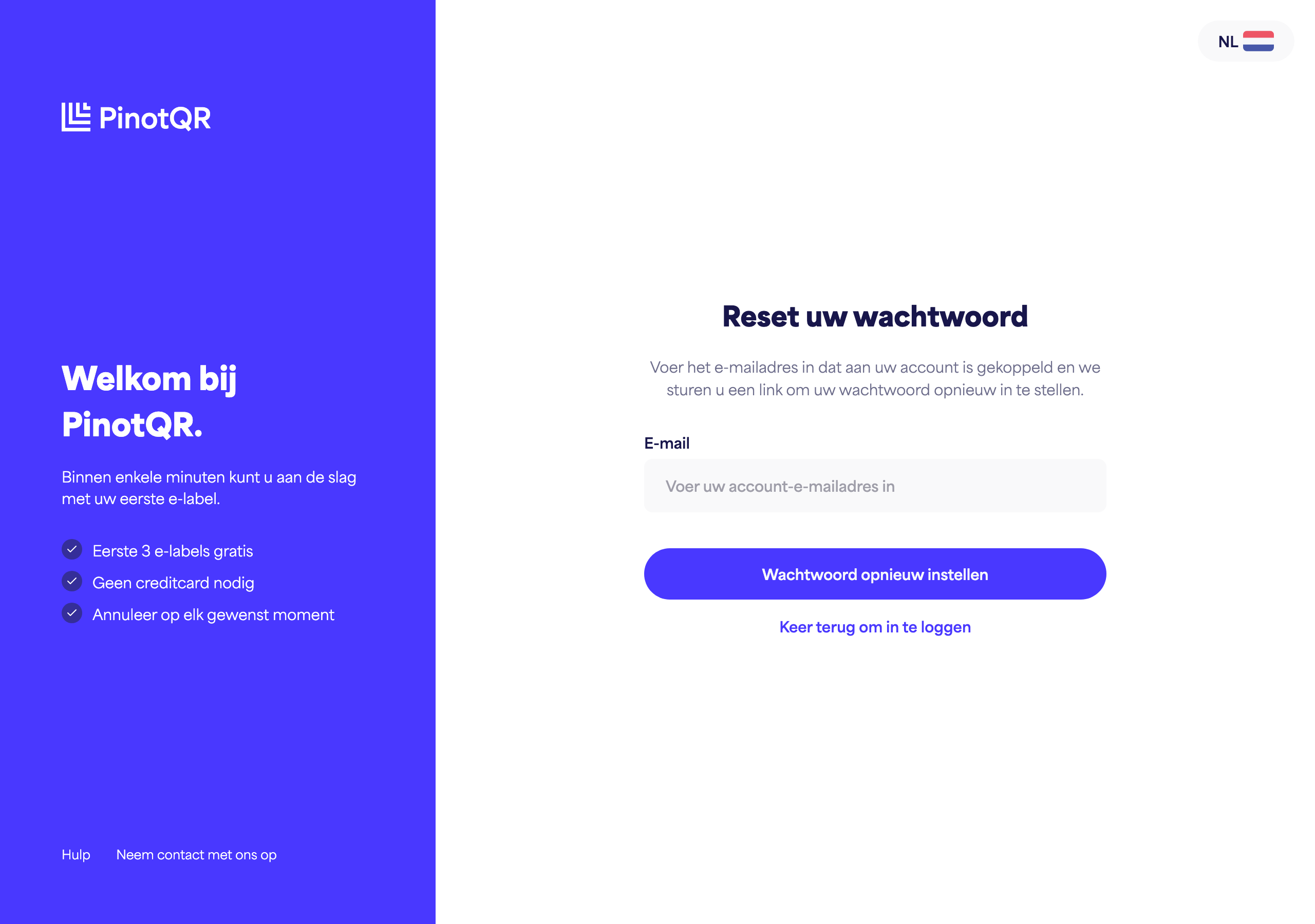 Het scherm "Wachtwoord opnieuw instellen" waar je je e-mailadres invoert