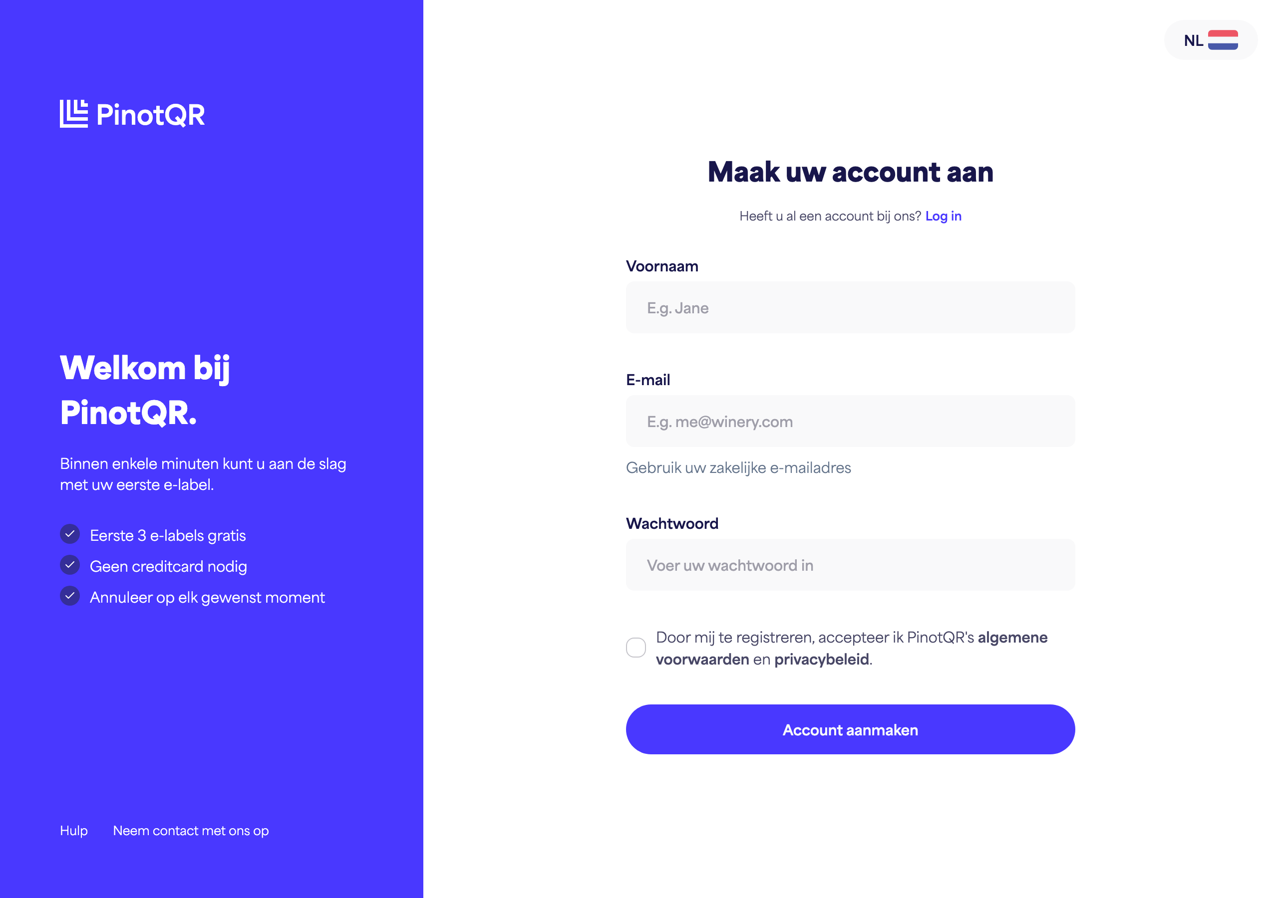 Het aanmeldformulier met de velden Voornaam, E-mail, Wachtwoord en de knop "Account aanmaken"