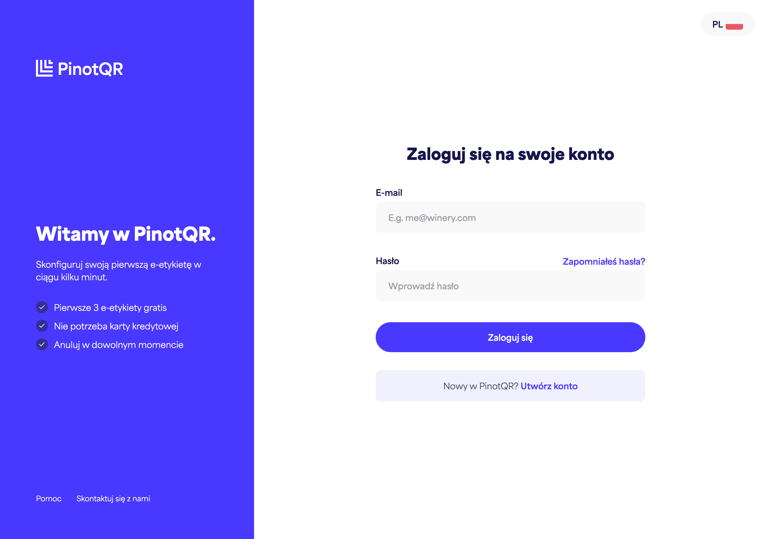 Formularz logowania z polami E-mail i Hasło, przyciskiem „Zaloguj się” oraz linkiem „Nie pamiętasz hasła?”