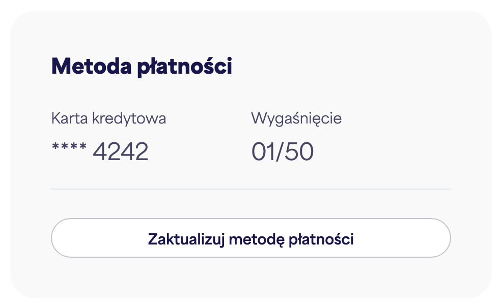 Karta Metoda płatności z zapisaną kartą i przyciskiem "Zaktualizuj metodę płatności"