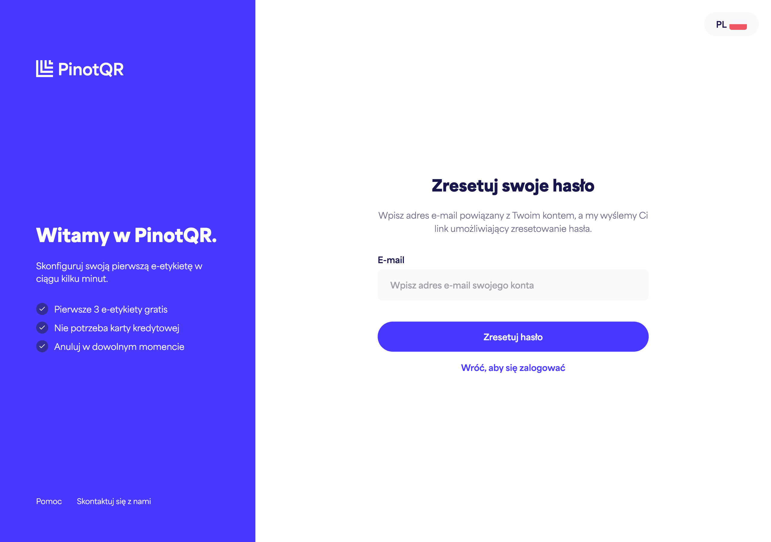 Ekran „Zresetuj swoje hasło”, gdzie wprowadzasz swój adres e-mail
