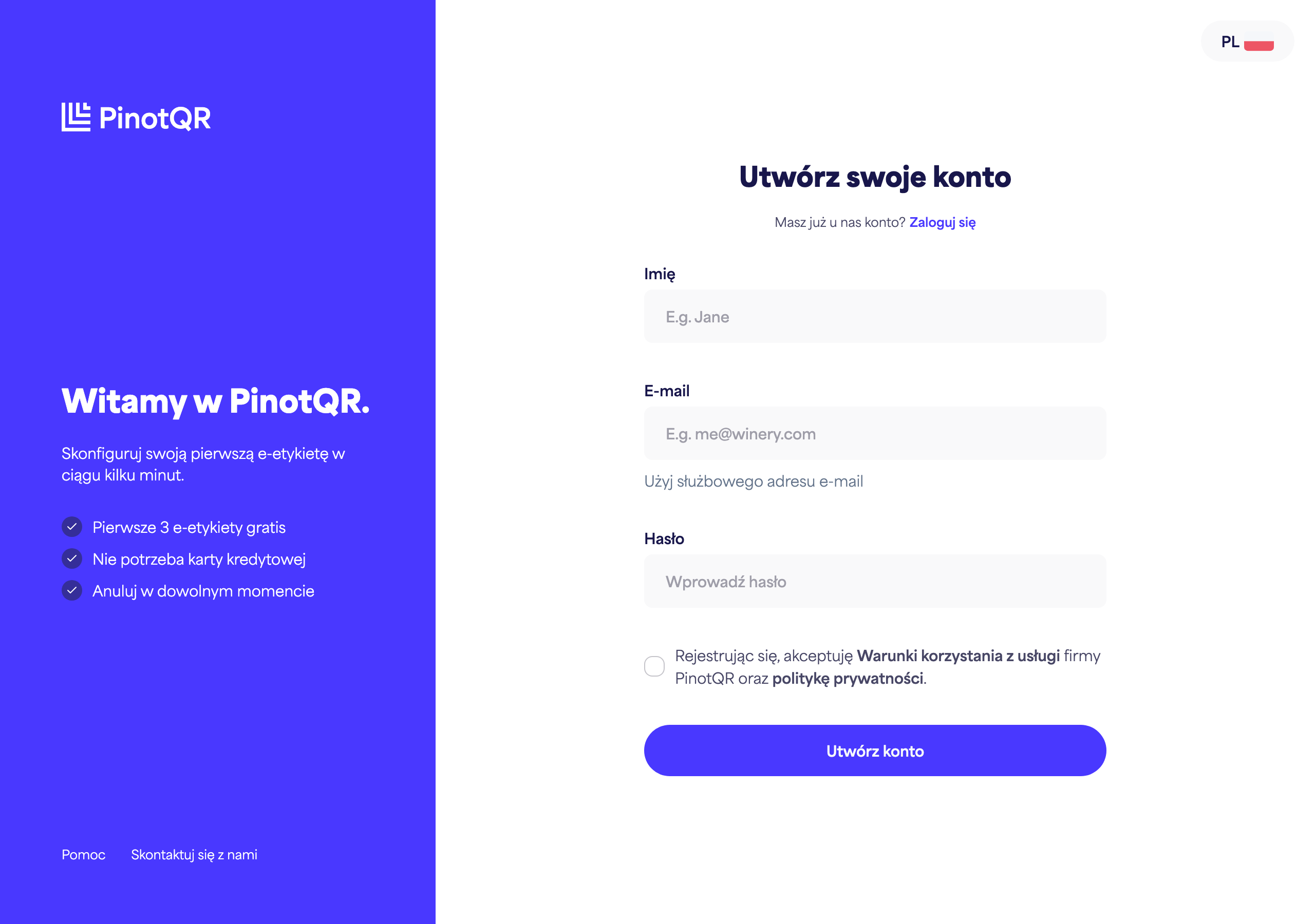 Formularz rejestracyjny z polami Imię, Adres e-mail, Hasło i przyciskiem "Utwórz konto"