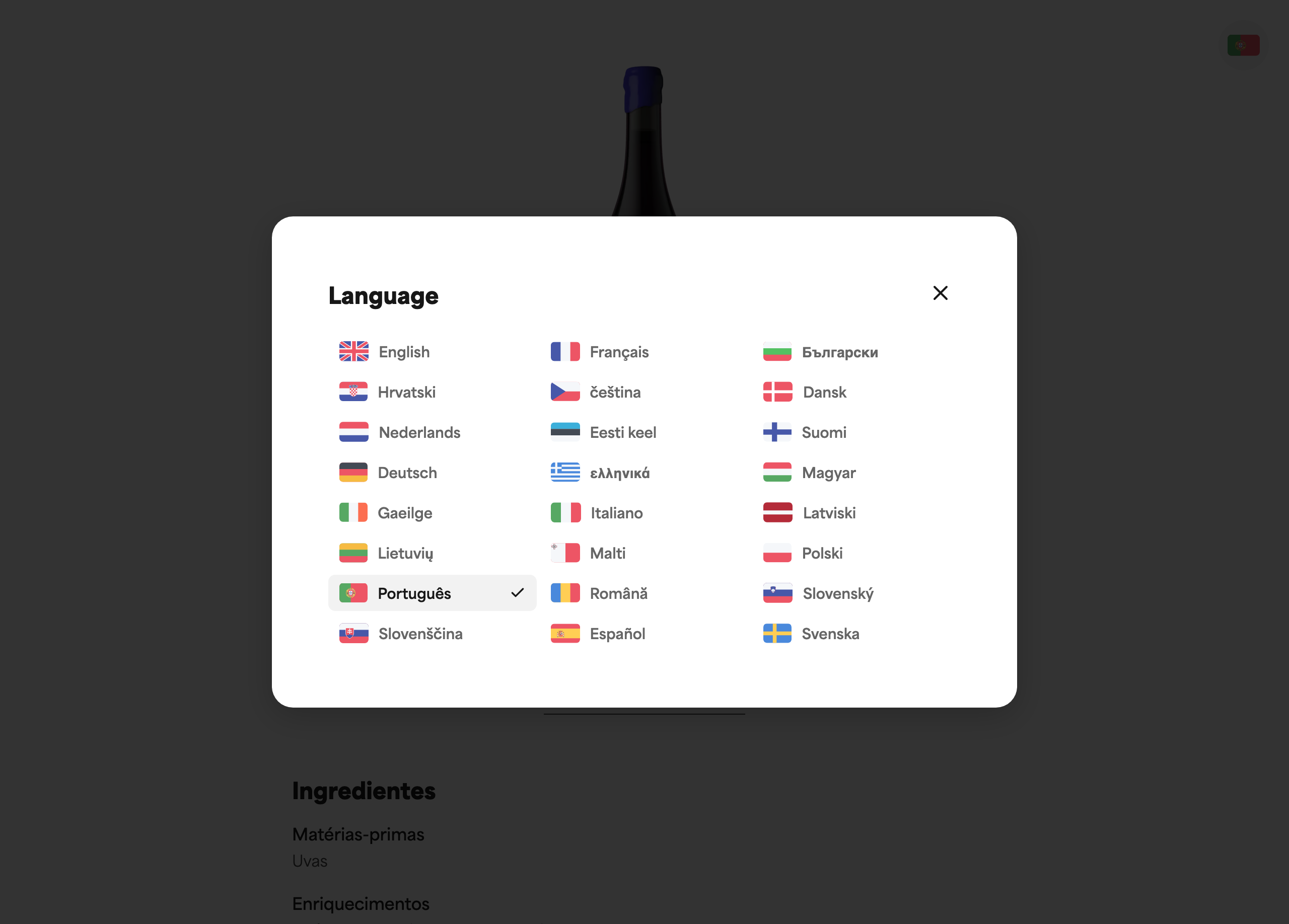 O seletor de idiomas em um rótulo eletrônico público, aberto, mostrando a lista de idiomas