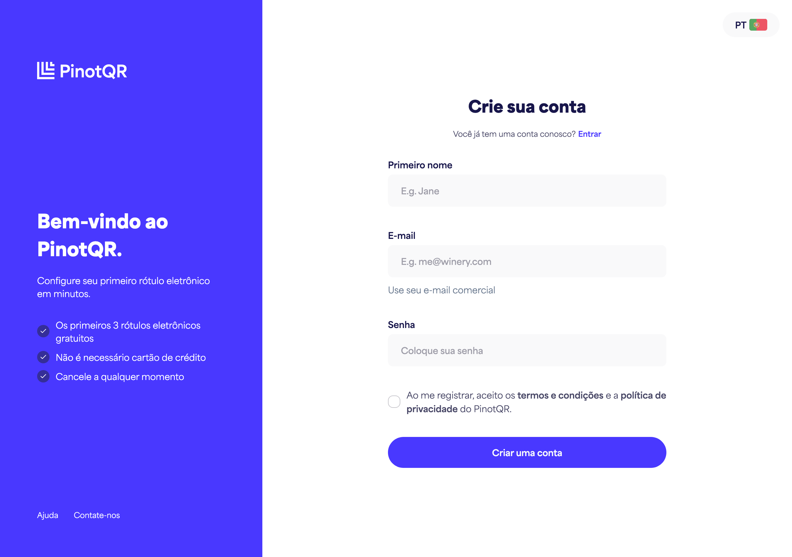 O formulário de registo com os campos Nome próprio, E-mail, Palavra-passe e o botão "Criar conta"