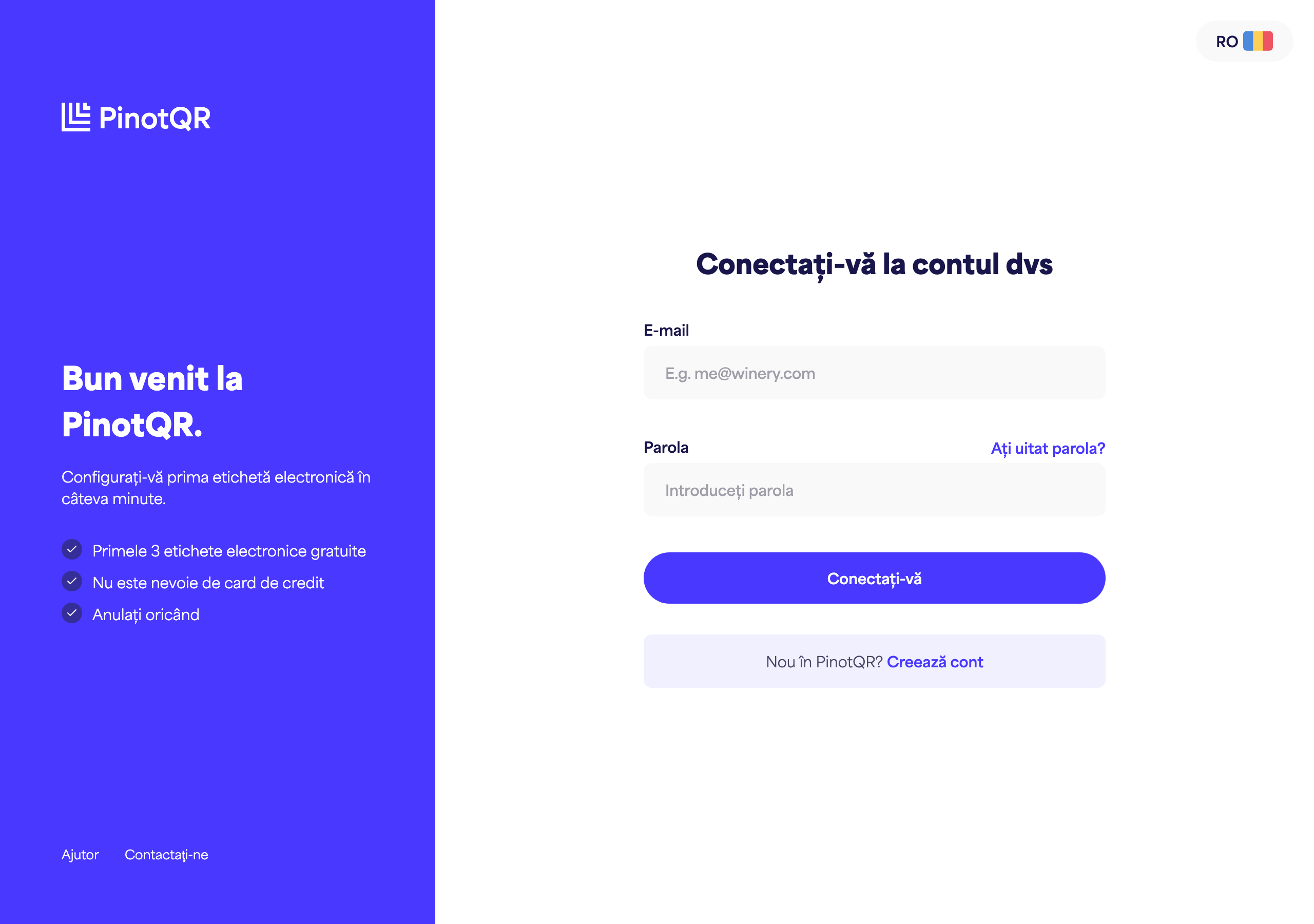 Formularul de autentificare cu câmpurile Email și Parolă, butonul „Autentificare” și link-ul „Ați uitat parola?”