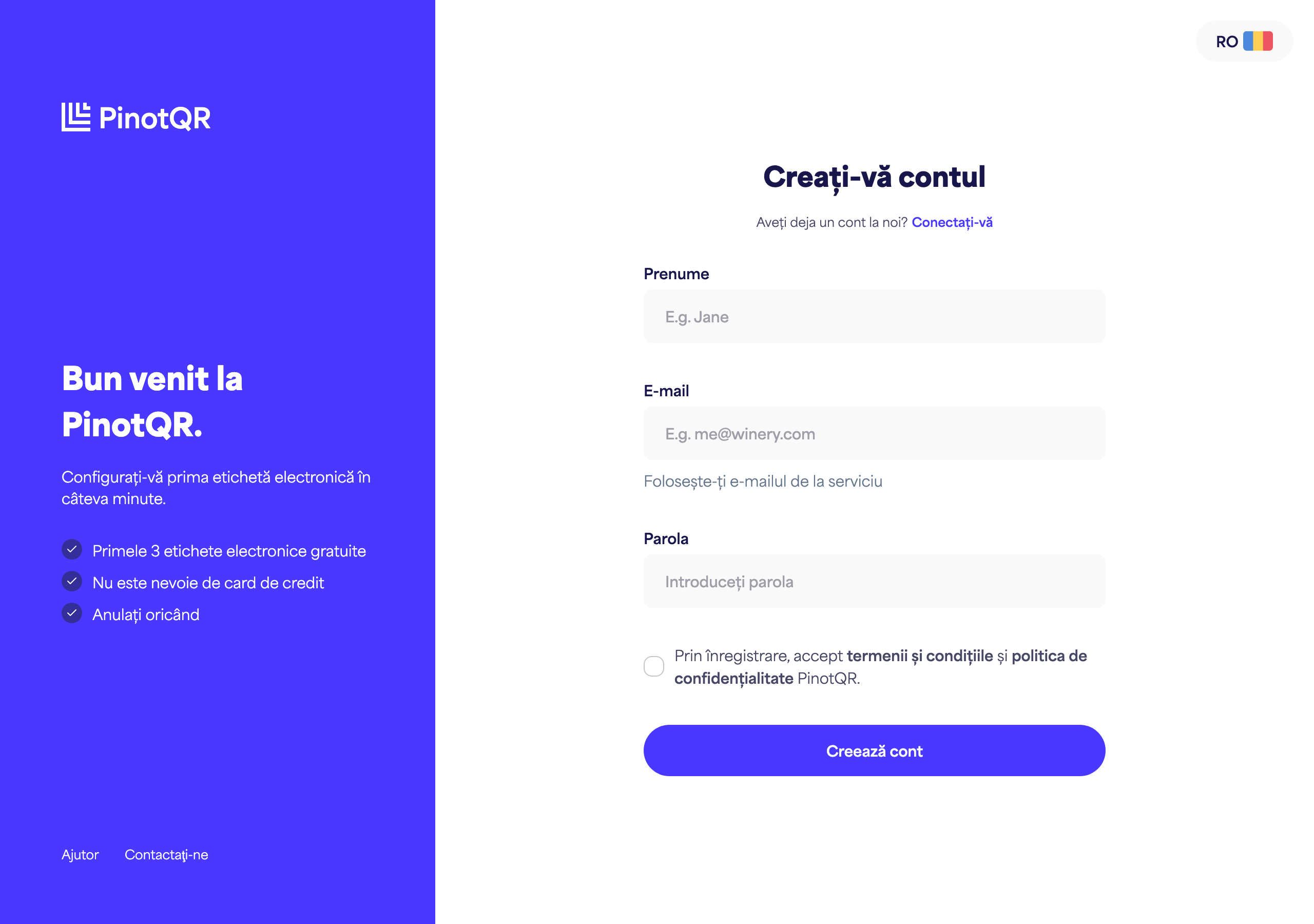 Formularul de înregistrare cu câmpurile Prenume, E-mail, Parolă și butonul „Creare cont”