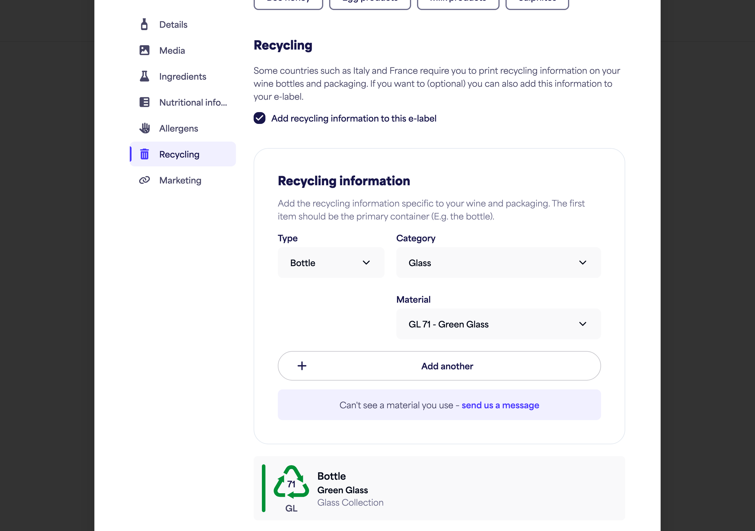 Prepínač sekcie Recyklácia a vysvetlenie