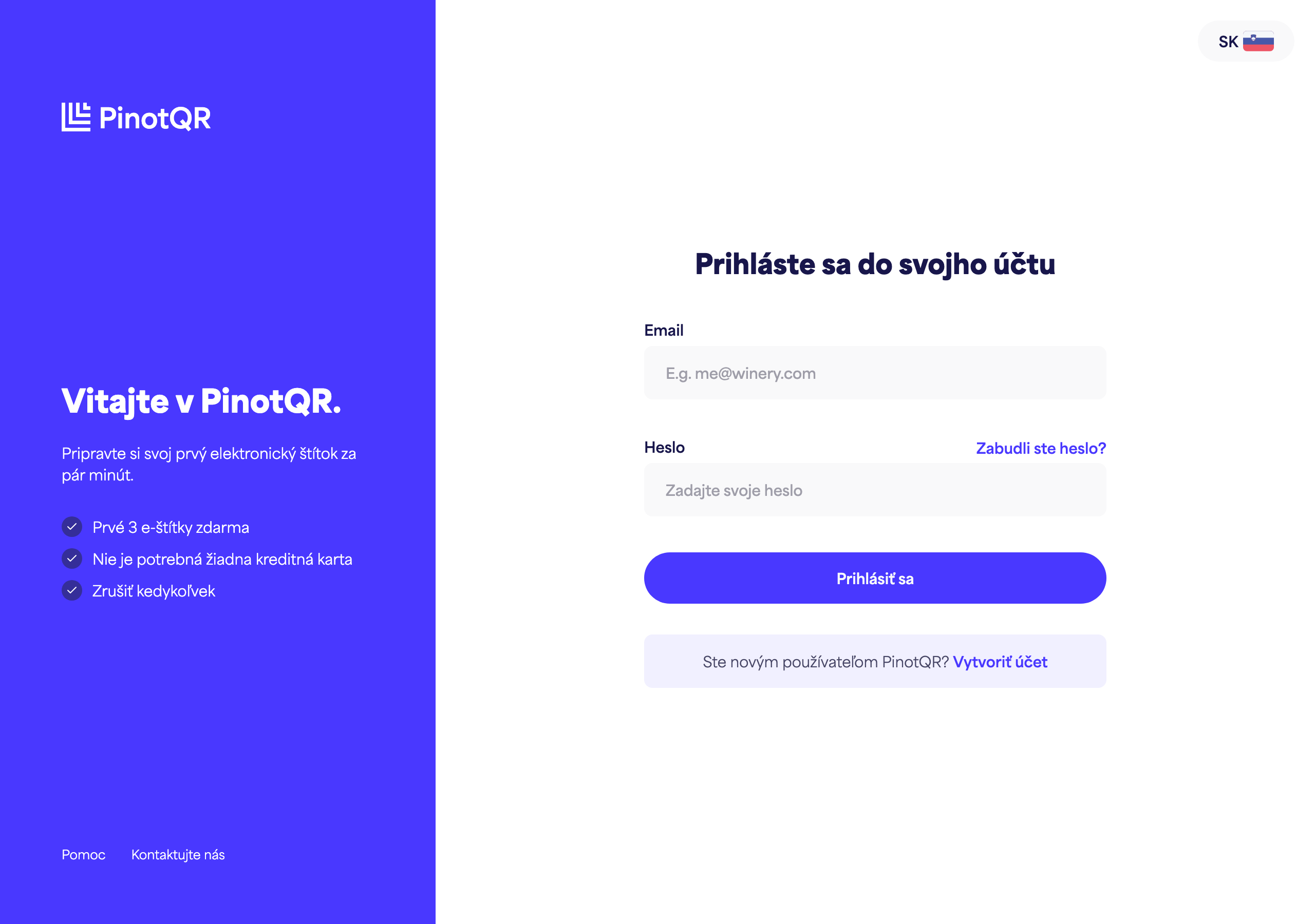 Prihlasovací formulár s poľami E-mail a Heslo, tlačidlom "Prihlásiť sa" a odkazom "Zabudli ste heslo?"