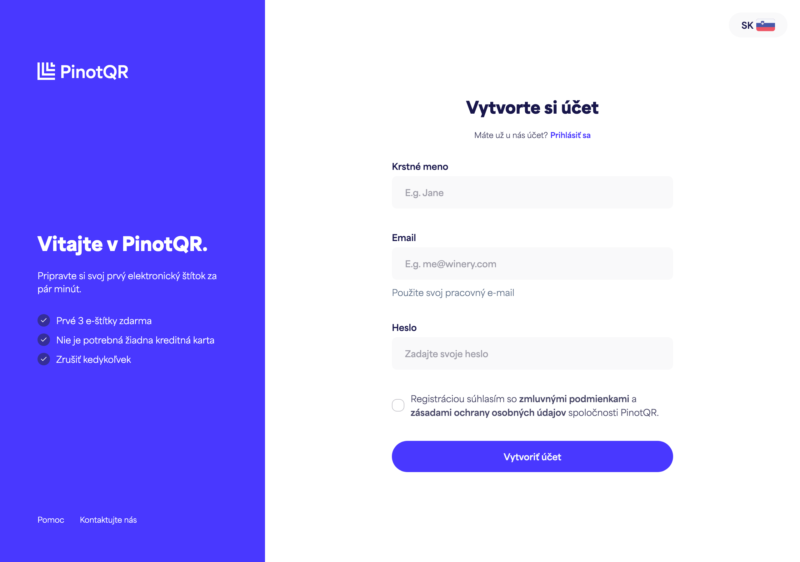Registračný formulár s poliami Meno, E-mail, Heslo a tlačidlom "Vytvoriť účet"