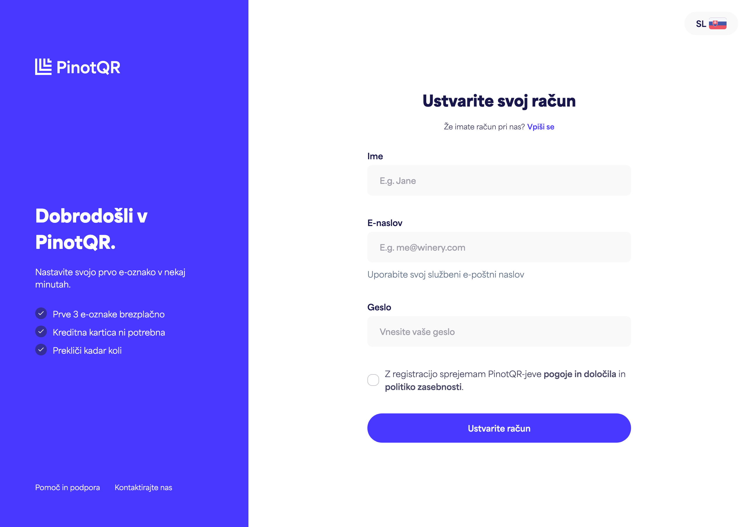 Obrazec za registracijo s polji Ime, E-pošta, Geslo in gumbom "Ustvari račun"